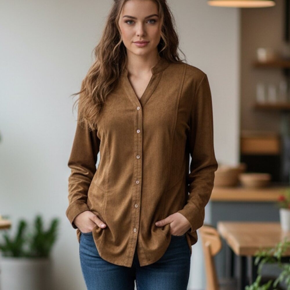 Chico's Faux Suede Button‎ Down Shirt Brown Split Neck Long Sleeve Size 2 Large